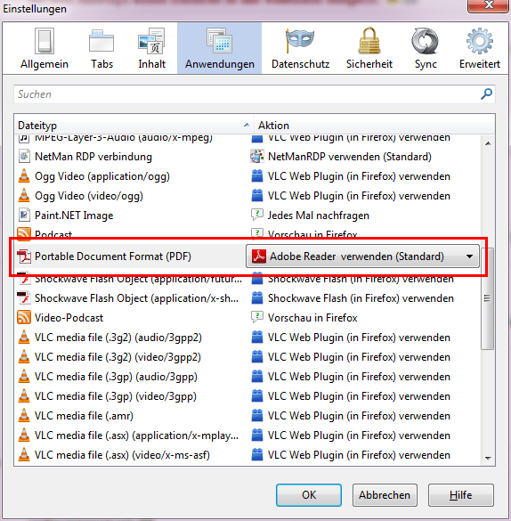 Firefox-Einstellungen Anwendungen