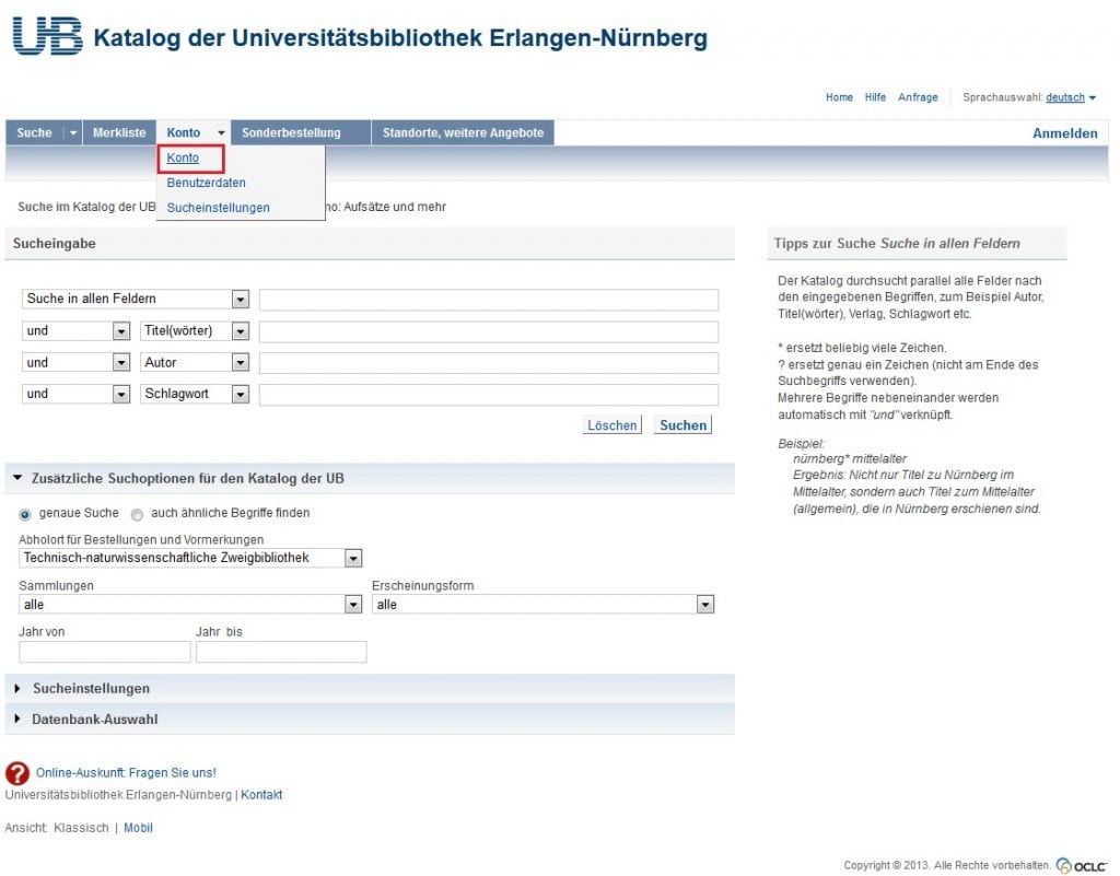 Persönliche Anmeldung im Katalog