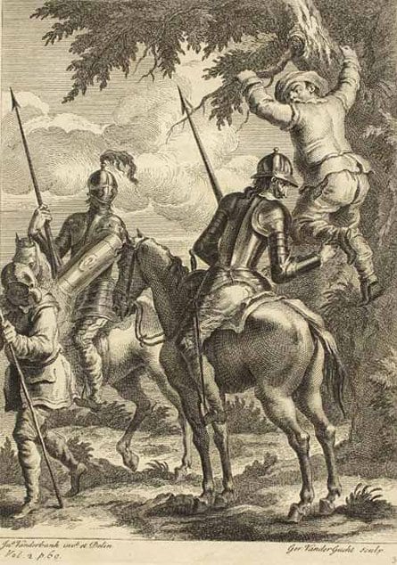 Cervantes Saavedra, Miguel de: Don Quixote De La Mancha London, 1742 Don Quixote kämpft mit dem Ritter von den Spiegeln, hebt aber vorher Sancho Pansa auf einen Korkbaum