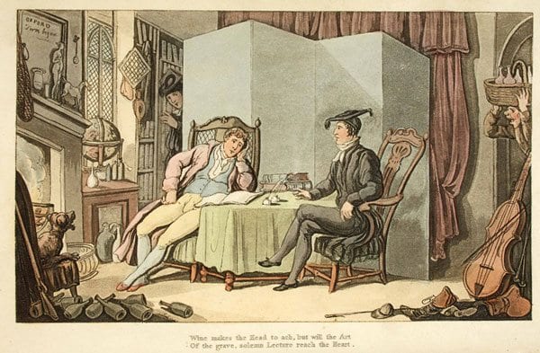 Combe, William: The Dance of Life London, 1817 Nach einer durchzechten Nacht lauscht ein Student völlig abwesend dem Unterricht seines Tutors.