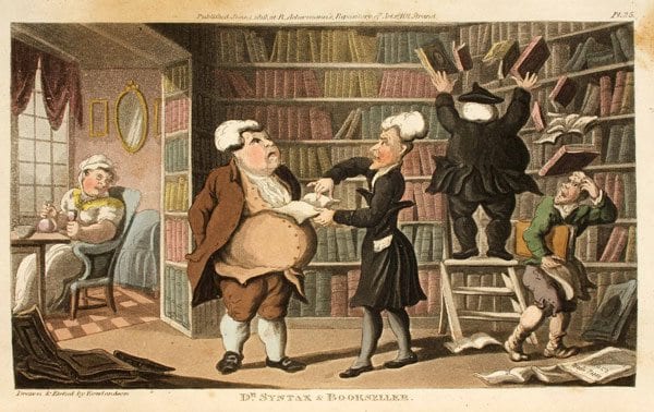 Combe, William: The Tour of Doctor Syntax, in search of the Picturesque London, 1819 Dr. Syntax bietet einem Buchhändler seine Reisebeschreibung zum Druck an. Erst als er einen Brief seines adligen Gönners vorlegt, ändert sich die Meinung des Buchhändlers.