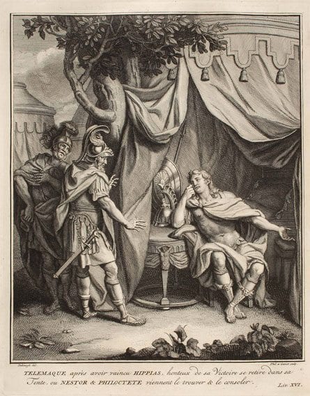 Fénelon, François de Salignac de La Mothe: Les Avantures De Telemaque Amsterdam, 1734 Telemach hat im Zorn Hippias angegriffen und schämt sich seiner Unbeherrschtheit.