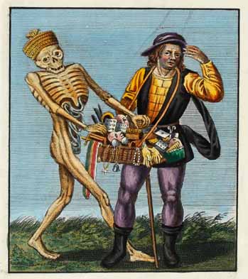 Merian, Matthäus: Todten-Tanz wie derselbe ... in Basel.. zu sehen ist Basel, 1830 Der Tod greift nach dem Krämer
