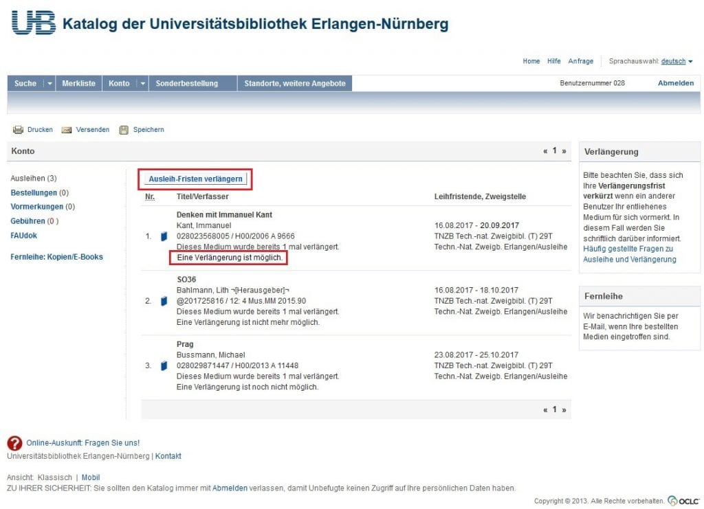 Leihfristverlängerung über das KOnto
