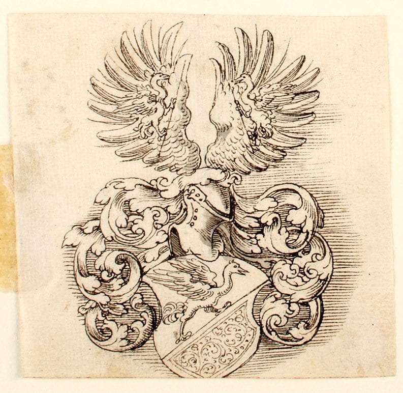 Das kunstreich gestaltete Wappen kann Hieronymus Roch (auch Resch) zugeordnet werden, der Mitglied des Großen Rats von Nürnberg war. Nürnberg, 16. Jahrhundert B 1679 T
