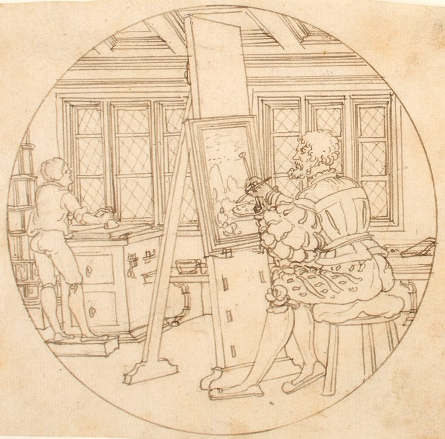 Die Federzeichnung ist sauber ausgearbeitet, die kreisrunde Einfassung deutet auf einen Riss für eine Kabinettscheibe hin. Augsburg (?), 16. Jahrhundert B 1670 T