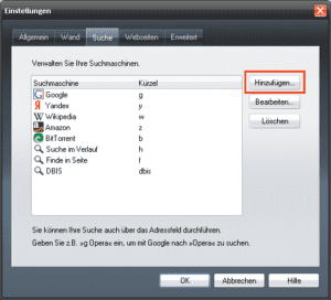 Hinzufügen einer Suchmaschine in Opera