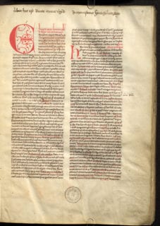 Blatt 1 der Handschrift "Alberti Magni Commentarii in Job" aus der Klosterbibliothek Heilsbronn, am oberen Rand steht der Besitzvermerk. ©Universitätsbibliothek