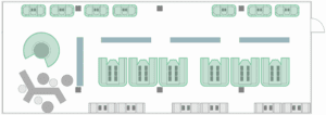 The seating arrangement in Reading Room 3 of the Main Library is shown on the plan. Seats that can be reserved are marked in green, which makes it easy to quickly identify available workspaces.