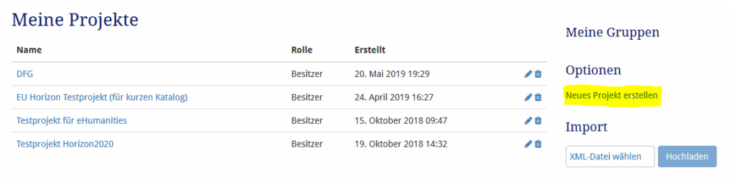 Figure 1: Partial screenshot of the RDMO application. Via “Create new project” (highlighted in yellow) you can start a new data management plan