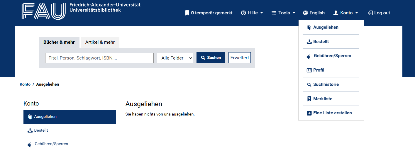 Screenshot Bibliothekskonto